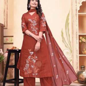zelzis women rust brown embroidered kurta palazzo set with dupatta | v neck party & festive wear