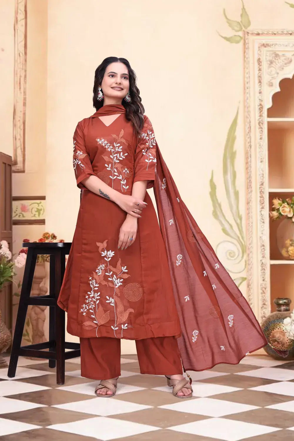 zelzis women rust brown embroidered kurta palazzo set with dupatta | v neck party & festive wear