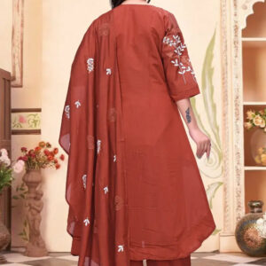 zelzis women rust brown embroidered kurta palazzo set with dupatta | v neck party & festive wear