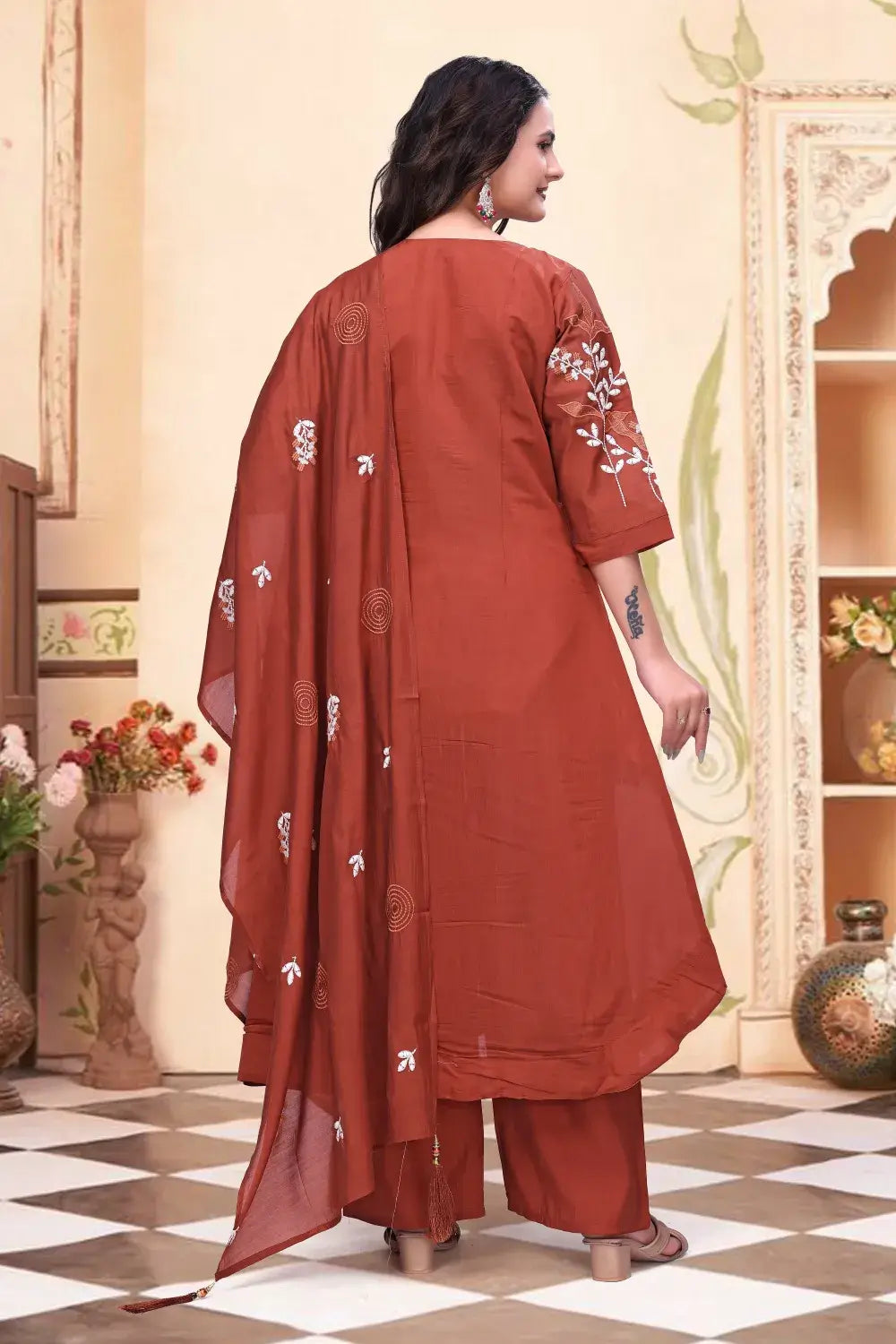 zelzis women rust brown embroidered kurta palazzo set with dupatta | v neck party & festive wear