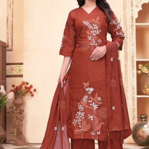 zelzis women rust brown embroidered kurta palazzo set with dupatta | v neck party & festive wear
