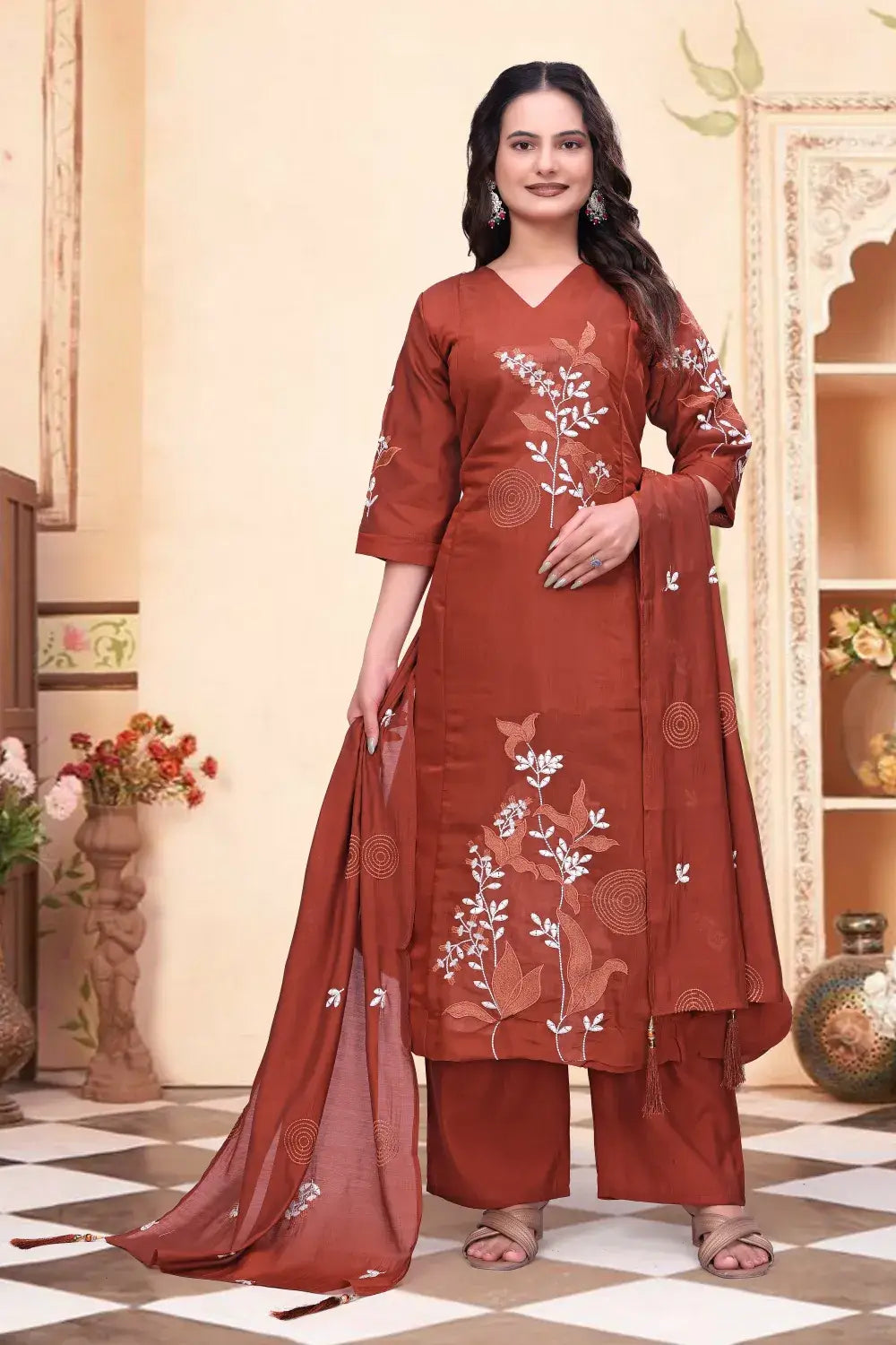 zelzis women rust brown embroidered kurta palazzo set with dupatta | v neck party & festive wear