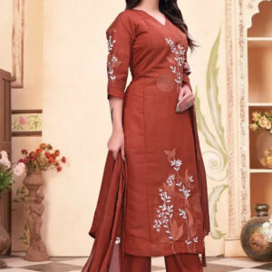 zelzis women rust brown embroidered kurta palazzo set with dupatta | v neck party & festive wear