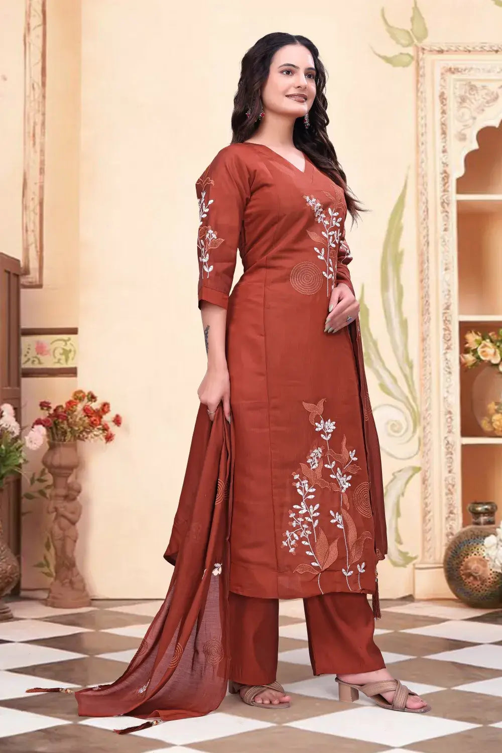 zelzis women rust brown embroidered kurta palazzo set with dupatta | v neck party & festive wear