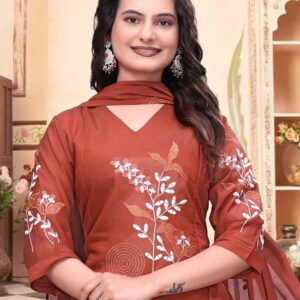 zelzis women rust brown embroidered kurta palazzo set with dupatta | v neck party & festive wear