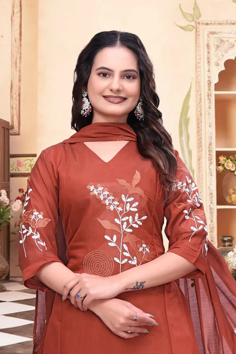 zelzis women rust brown embroidered kurta palazzo set with dupatta | v neck party & festive wear