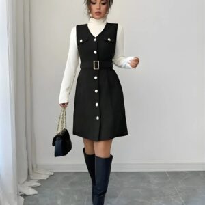 zelzis black pinafore dress with white inner for women stylish sleeveless button front belted above knee party wear western outfit regular fit trendy layered dress