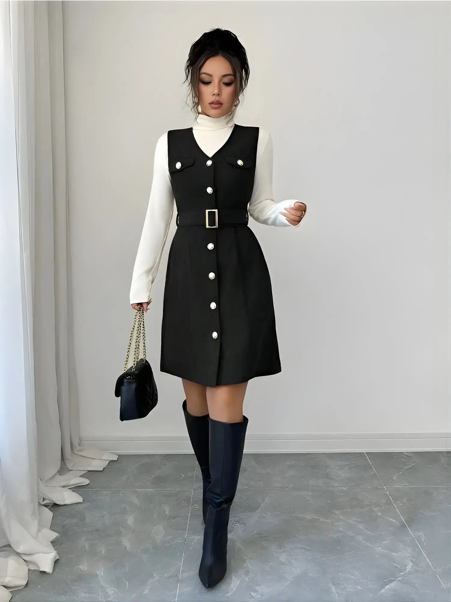 zelzis black pinafore dress with white inner for women stylish sleeveless button front belted above knee party wear western outfit regular fit trendy layered dress