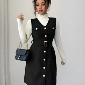 zelzis black pinafore dress with white inner for women stylish sleeveless button front belted above knee party wear western outfit regular fit trendy layered dress