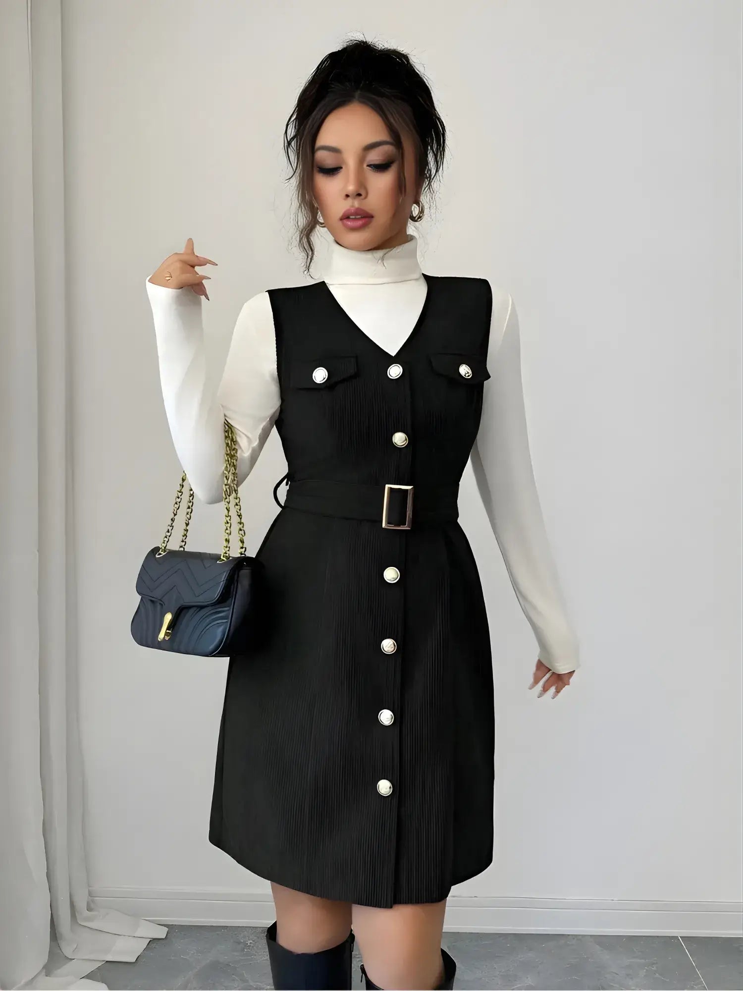 zelzis black pinafore dress with white inner for women stylish sleeveless button front belted above knee party wear western outfit regular fit trendy layered dress