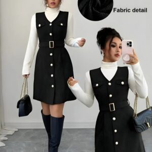 zelzis black pinafore dress with white inner for women stylish sleeveless button front belted above knee party wear western outfit regular fit trendy layered dress