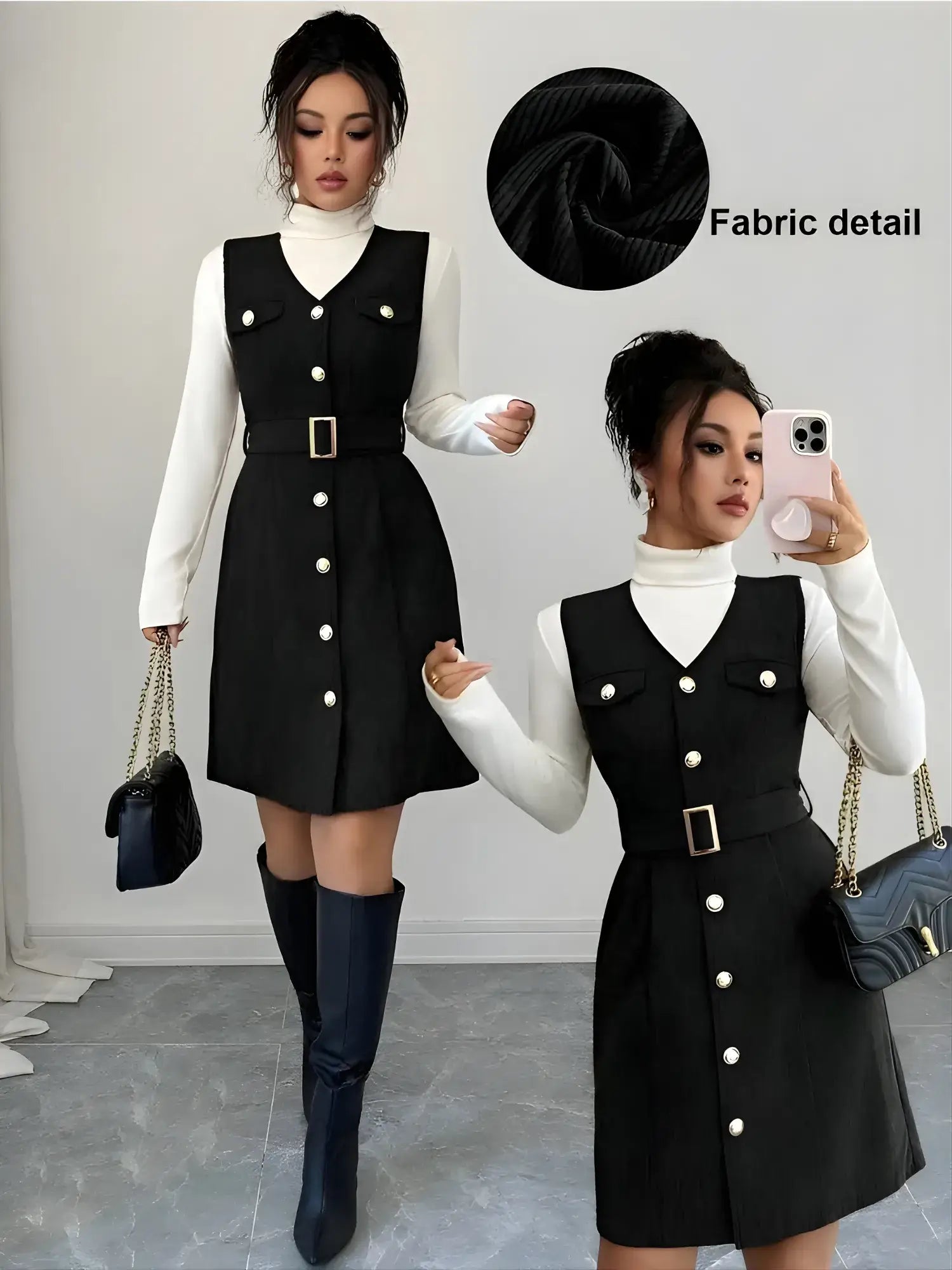 zelzis black pinafore dress with white inner for women stylish sleeveless button front belted above knee party wear western outfit regular fit trendy layered dress