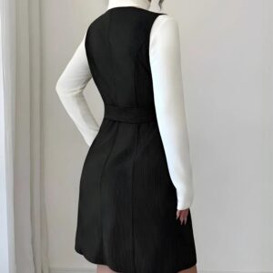 zelzis black pinafore dress with white inner for women stylish sleeveless button front belted above knee party wear western outfit regular fit trendy layered dress