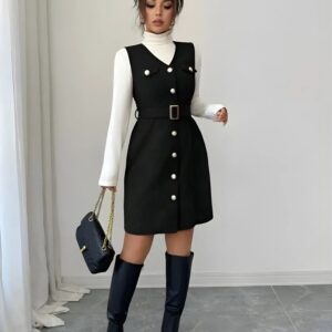 zelzis black pinafore dress with white inner for women stylish sleeveless button front belted above knee party wear western outfit regular fit trendy layered dress