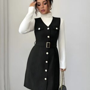 zelzis black pinafore dress with white inner for women stylish sleeveless button front belted above knee party wear western outfit regular fit trendy layered dress