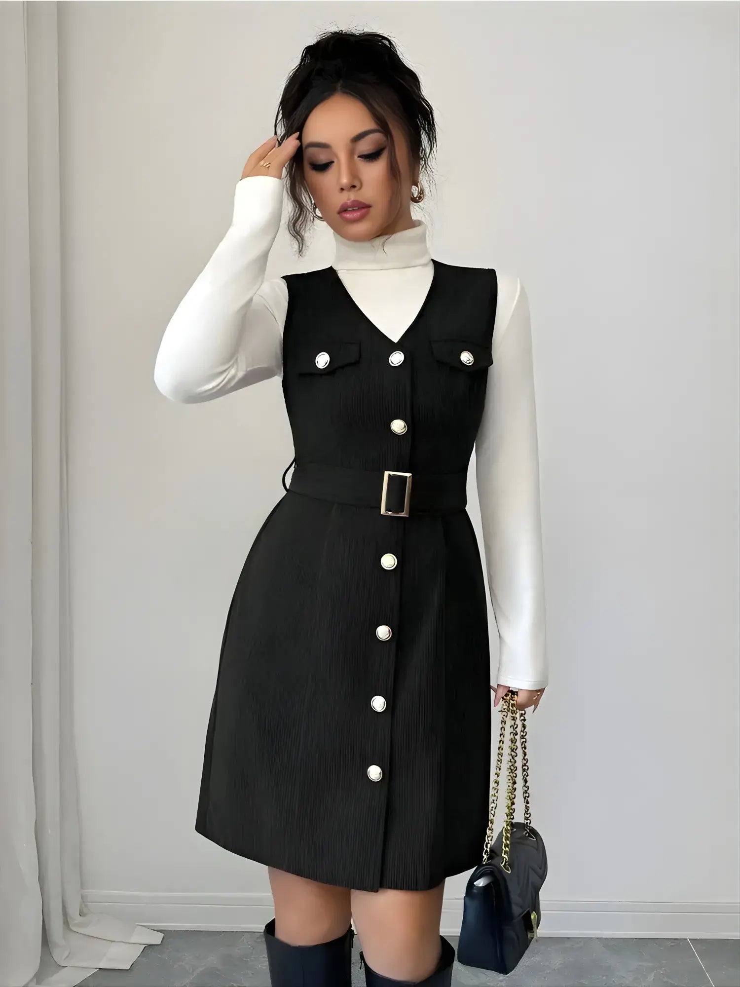 zelzis black pinafore dress with white inner for women stylish sleeveless button front belted above knee party wear western outfit regular fit trendy layered dress
