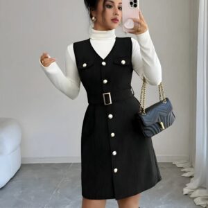 zelzis black pinafore dress with white inner for women stylish sleeveless button front belted above knee party wear western outfit regular fit trendy layered dress