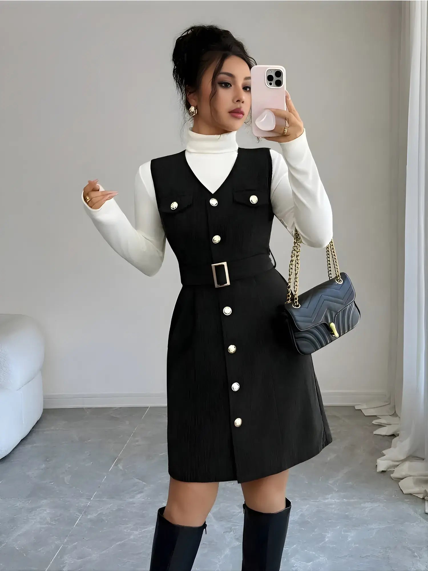 zelzis black pinafore dress with white inner for women stylish sleeveless button front belted above knee party wear western outfit regular fit trendy layered dress