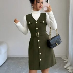 zelzis green pinafore dress with white inner for women stylish sleeveless button front belted above knee party wear western outfit regular fit trendy layered dress