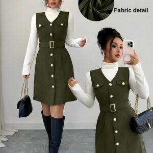 zelzis green pinafore dress with white inner for women stylish sleeveless button front belted above knee party wear western outfit regular fit trendy layered dress