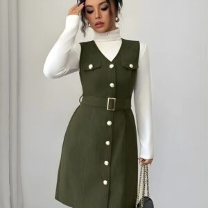 zelzis green pinafore dress with white inner for women stylish sleeveless button front belted above knee party wear western outfit regular fit trendy layered dress