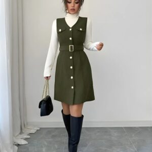 zelzis green pinafore dress with white inner for women stylish sleeveless button front belted above knee party wear western outfit regular fit trendy layered dress