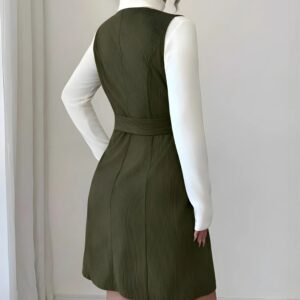 zelzis green pinafore dress with white inner for women stylish sleeveless button front belted above knee party wear western outfit regular fit trendy layered dress