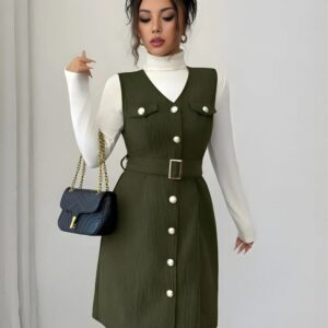 zelzis green pinafore dress with white inner for women stylish sleeveless button front belted above knee party wear western outfit regular fit trendy layered dress