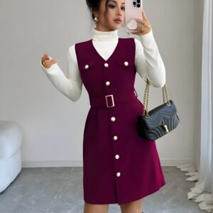 zelzis purple pinafore dress with white inner for women stylish sleeveless button front belted above knee party wear western outfit regular fit trendy layered dress