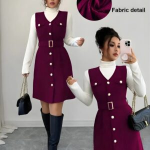 zelzis purple pinafore dress with white inner for women stylish sleeveless button front belted above knee party wear western outfit regular fit trendy layered dress