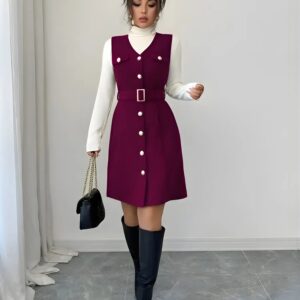 zelzis purple pinafore dress with white inner for women stylish sleeveless button front belted above knee party wear western outfit regular fit trendy layered dress
