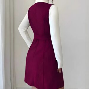 zelzis purple pinafore dress with white inner for women stylish sleeveless button front belted above knee party wear western outfit regular fit trendy layered dress