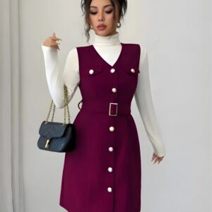 zelzis purple pinafore dress with white inner for women stylish sleeveless button front belted above knee party wear western outfit regular fit trendy layered dress