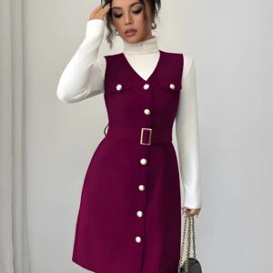 zelzis purple pinafore dress with white inner for women stylish sleeveless button front belted above knee party wear western outfit regular fit trendy layered dress