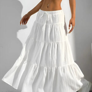 zelzis women white solid long skirt | high waist tiered flared ankle length casual wear