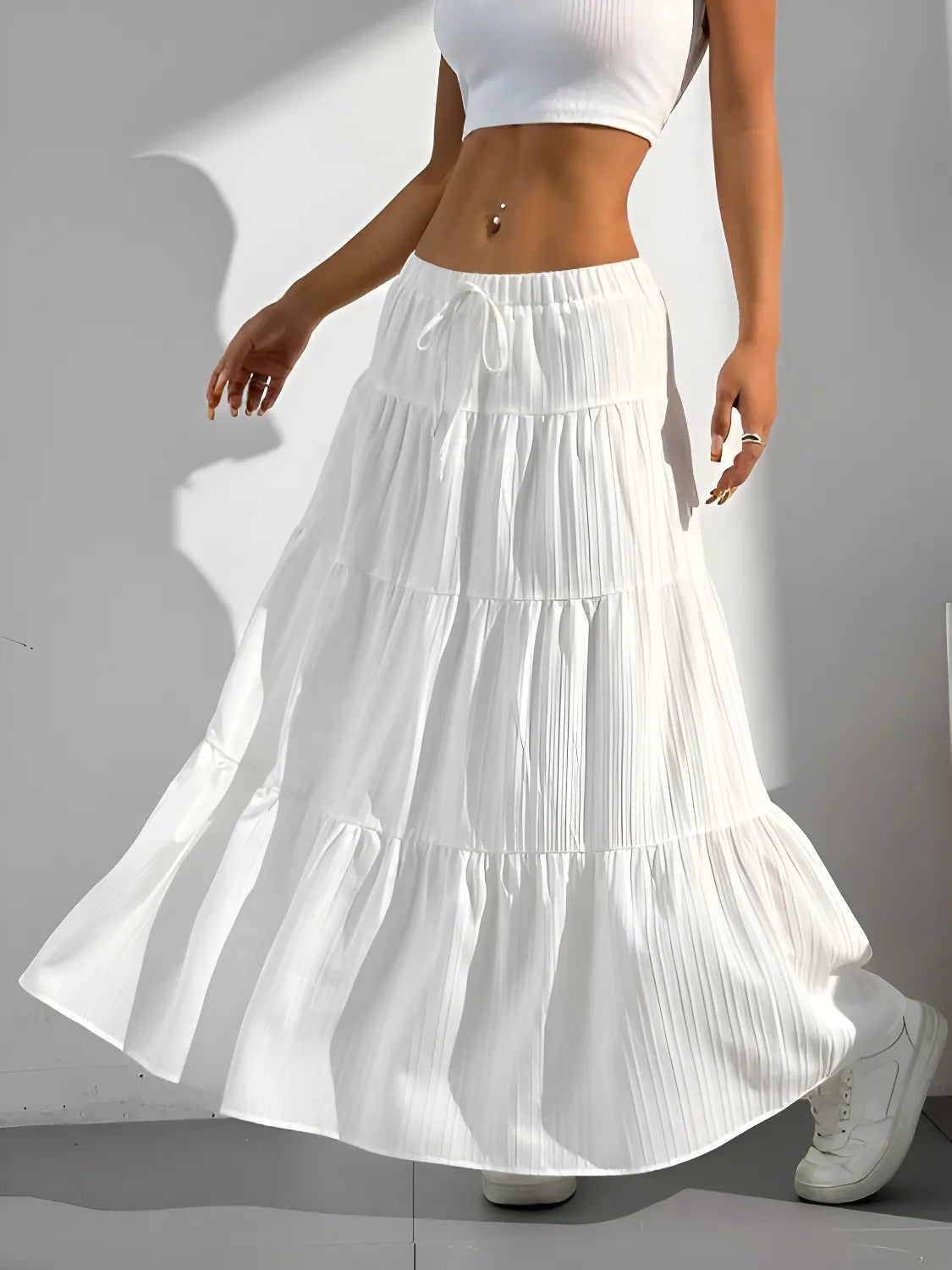 zelzis women white solid long skirt | high waist tiered flared ankle length casual wear