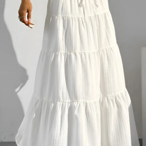 zelzis women white solid long skirt | high waist tiered flared ankle length casual wear