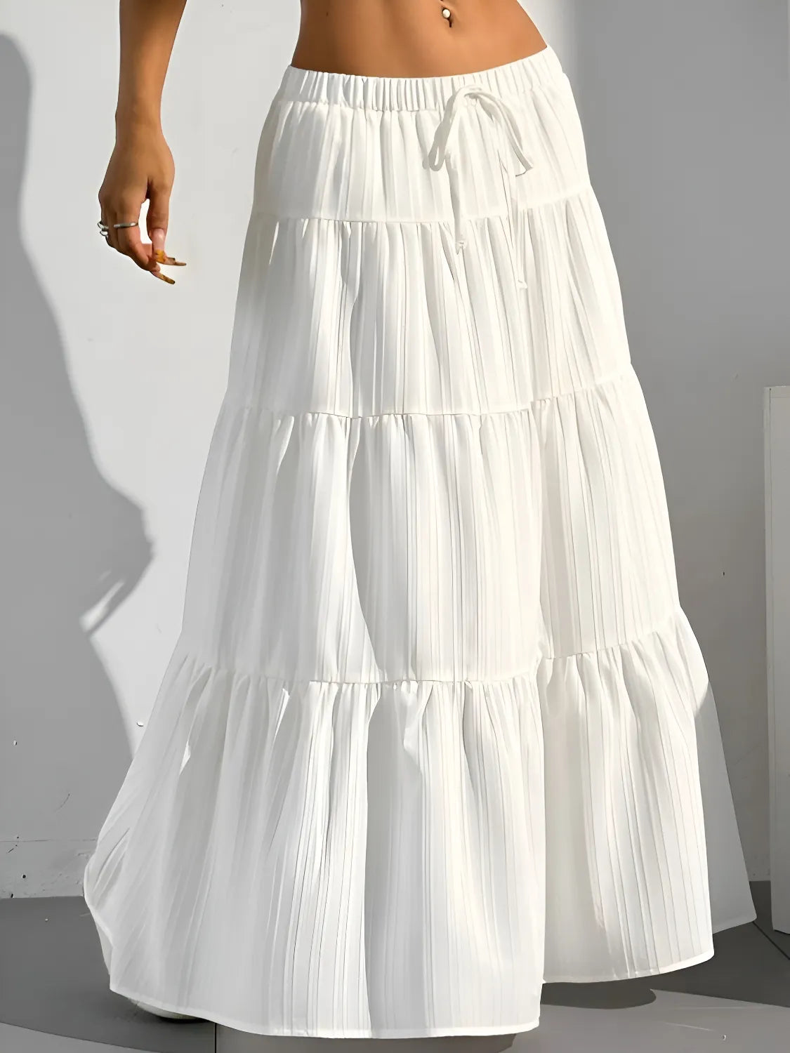 zelzis women white solid long skirt | high waist tiered flared ankle length casual wear