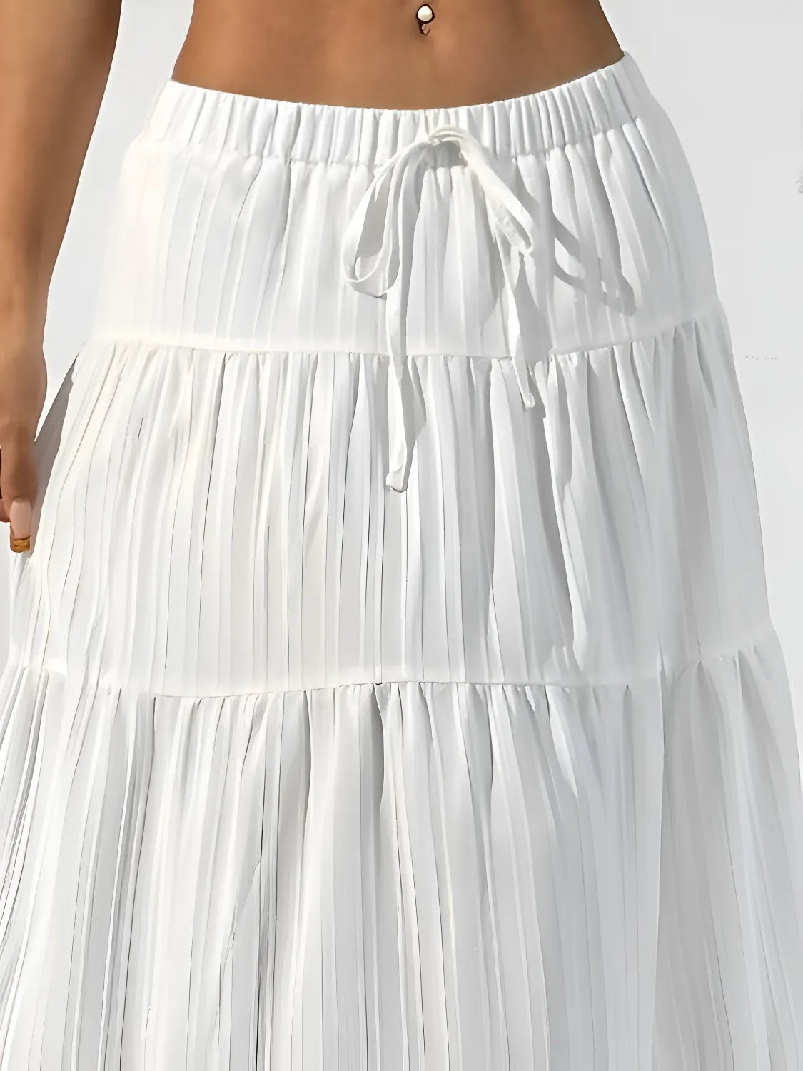 zelzis women white solid long skirt | high waist tiered flared ankle length casual wear