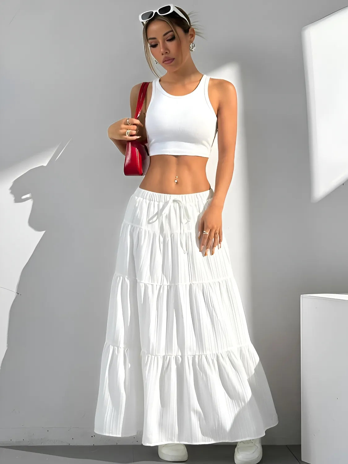 zelzis women white solid long skirt | high waist tiered flared ankle length casual wear