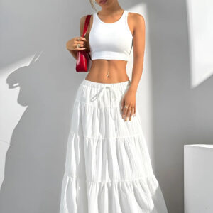zelzis women white solid long skirt | high waist tiered flared ankle length casual wear