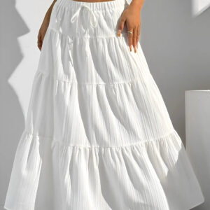 zelzis women white solid long skirt | high waist tiered flared ankle length casual wear