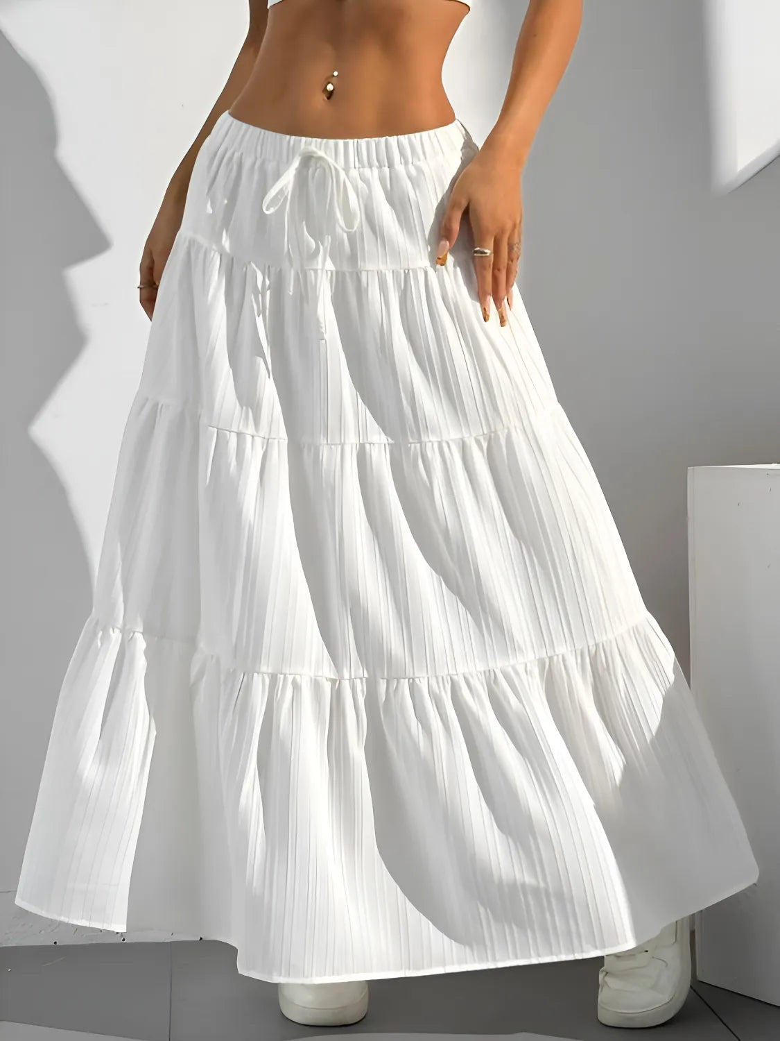 zelzis women white solid long skirt | high waist tiered flared ankle length casual wear