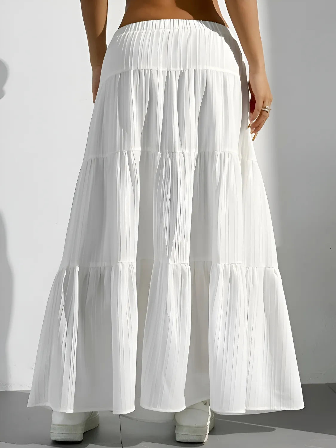 zelzis women white solid long skirt | high waist tiered flared ankle length casual wear