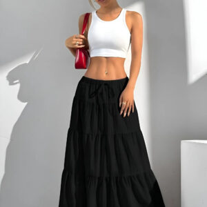 zelzis women black solid long skirt | high waist tiered flared ankle length casual wear