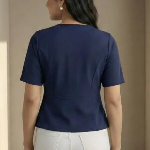 zelzis women navy blue solid polyester top | v neck button detail short sleeve casual & office wear