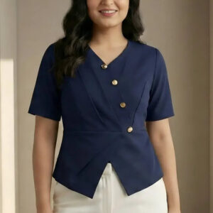 zelzis women navy blue solid polyester top | v neck button detail short sleeve casual & office wear