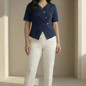 zelzis women navy blue solid polyester top | v neck button detail short sleeve casual & office wear