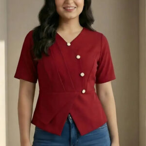 zelzis women red solid polyester top | v neck short sleeve hip length casual & office wear