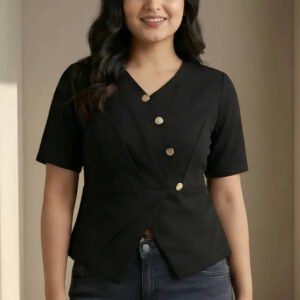 zelzis women black solid polyester top | v neck button detail short sleeve casual & office wear
